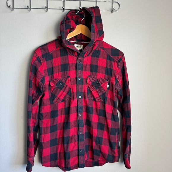 Tna Women's Light Flannel Boyfriend Button Up Hoodie Shirt Buffalo Plaid Medium - Picture 1 of 13
